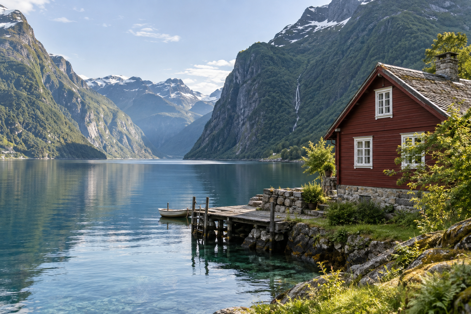 Raudt feriehus ved ein fjord mellom bratte fjell