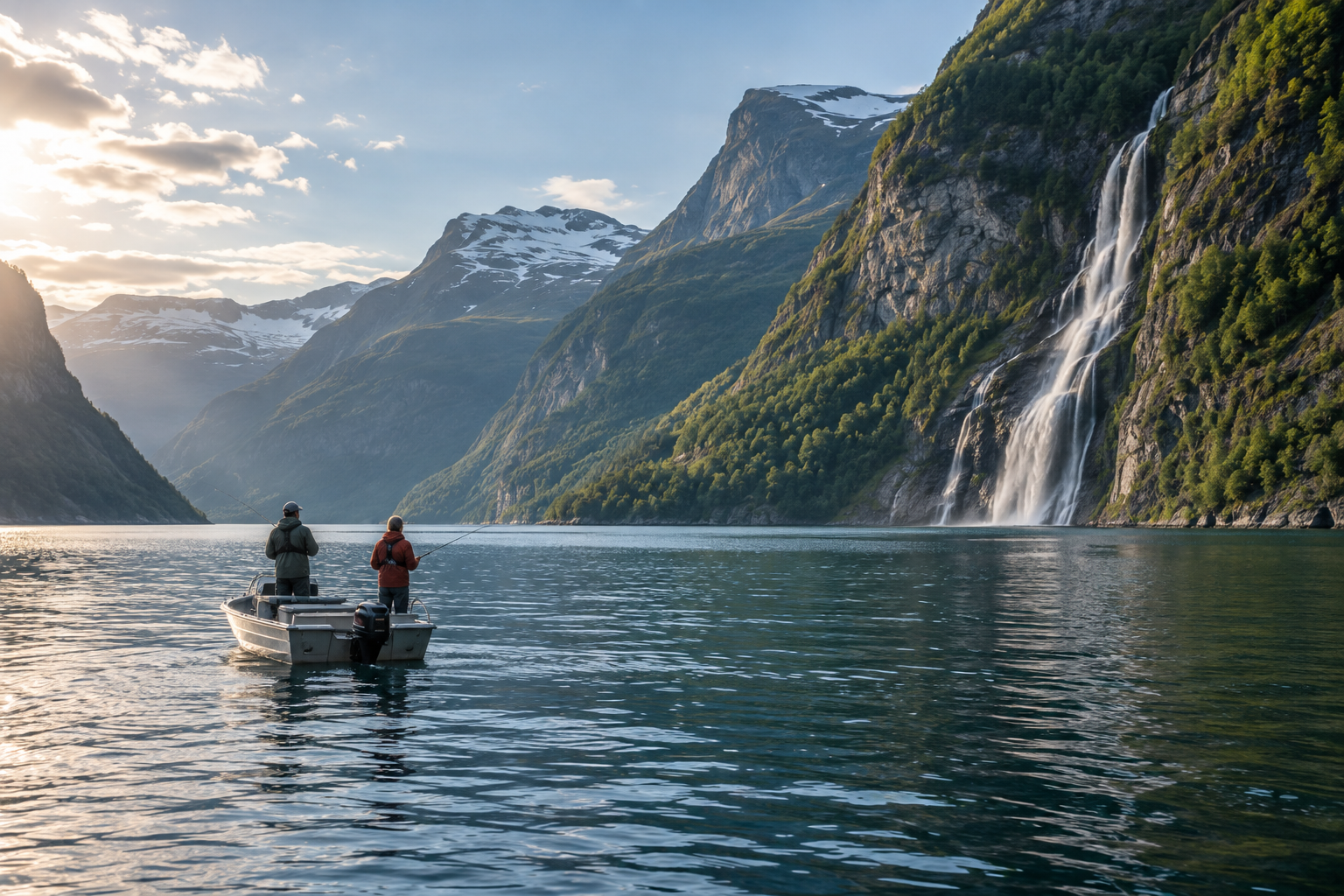To personar fiskar frå ein liten båt på fjorden